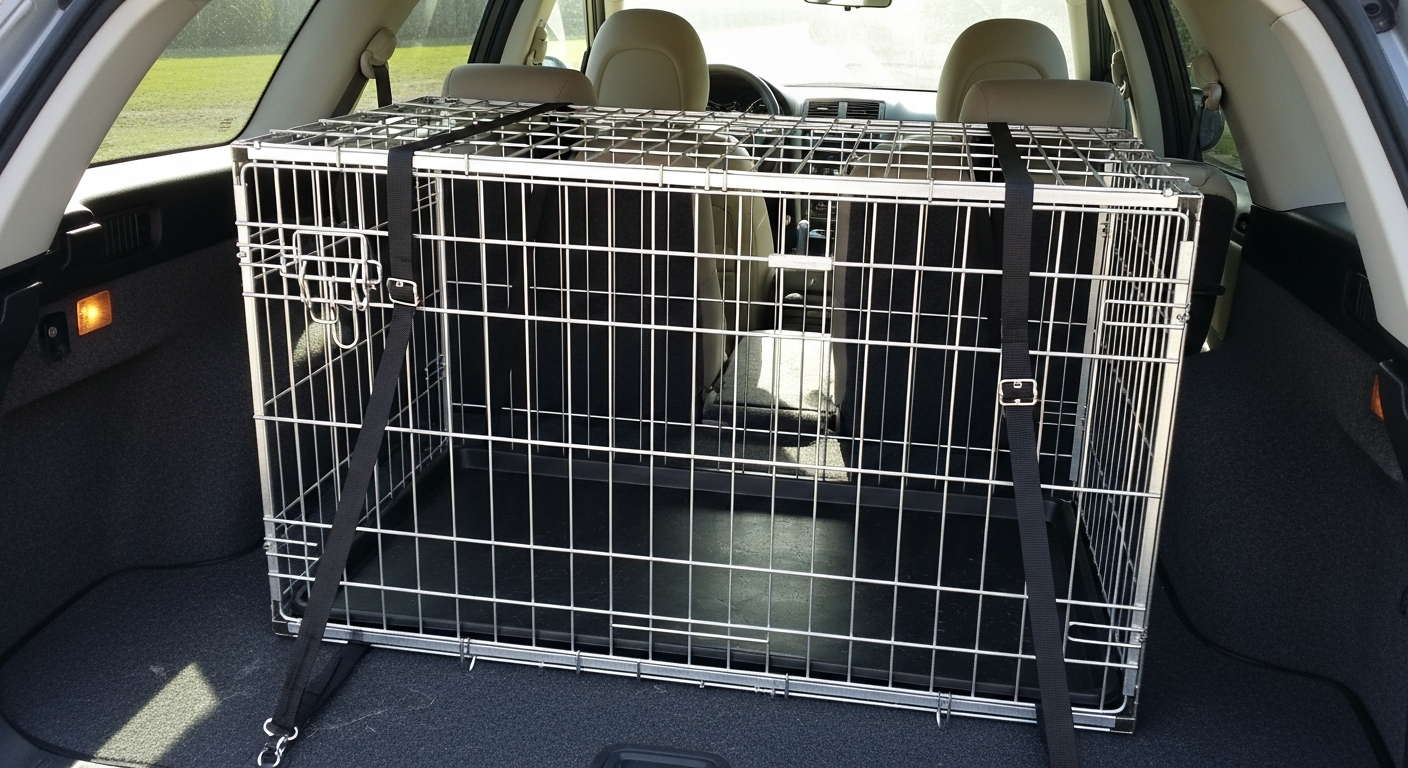 Cage de transport métallique fixée dans le coffre d&rsquo;un break