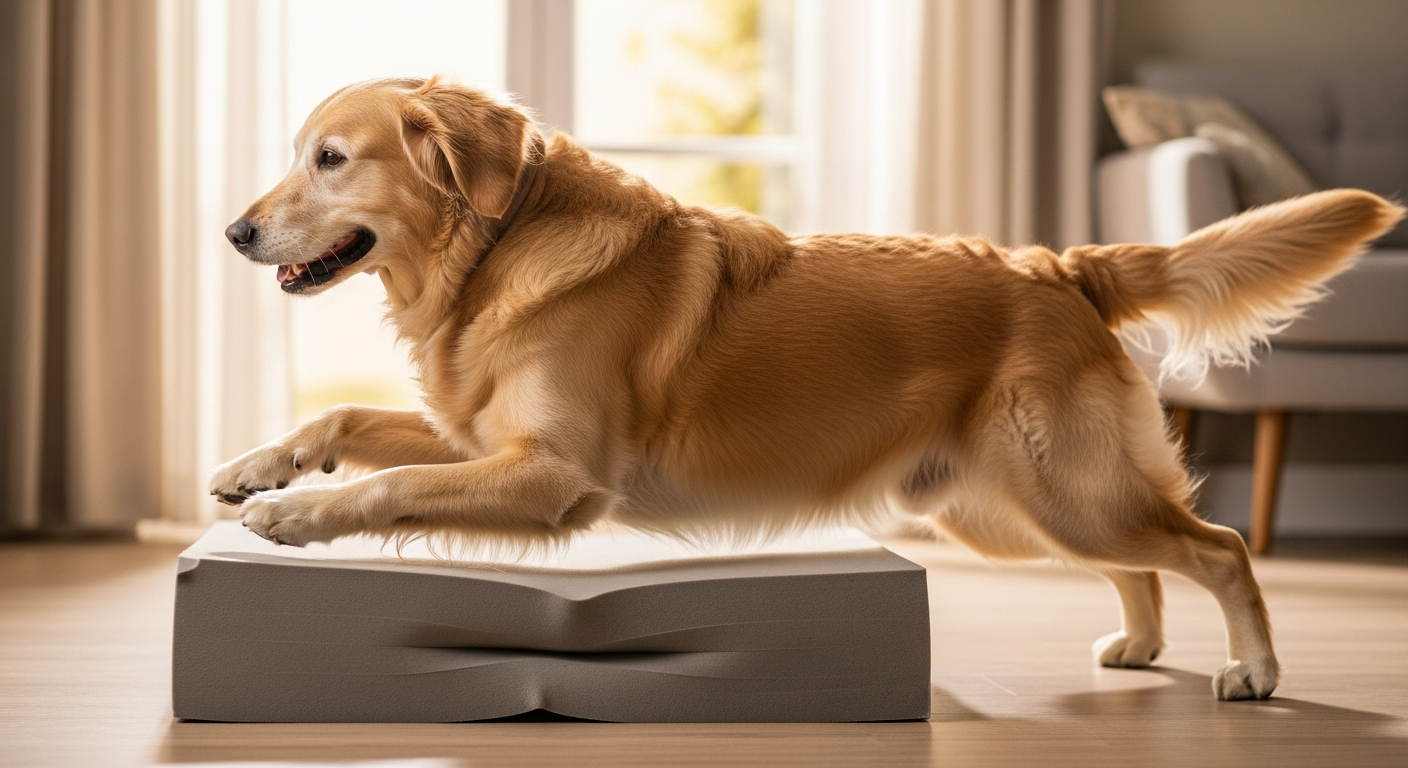 Vieux chien confortablement allongé sur un coussin orthopédique épais