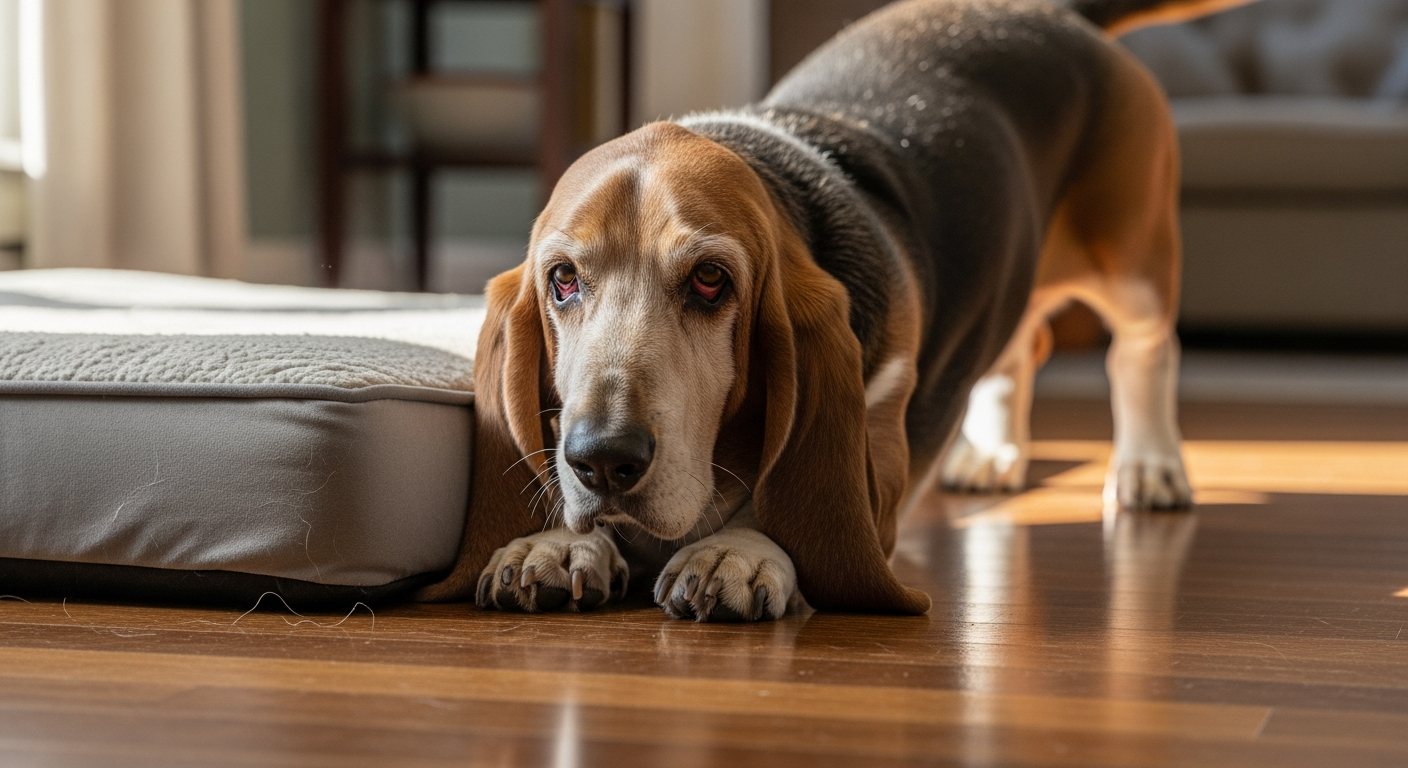Chien âgé se levant facilement depuis un coussin orthopédique bas