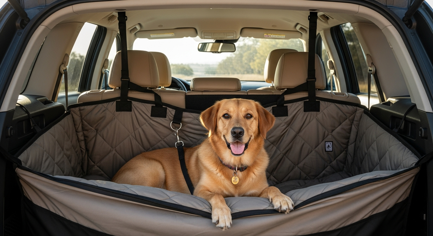 Chien attaché dans le coffre d&rsquo;un SUV avec un hamac de protection